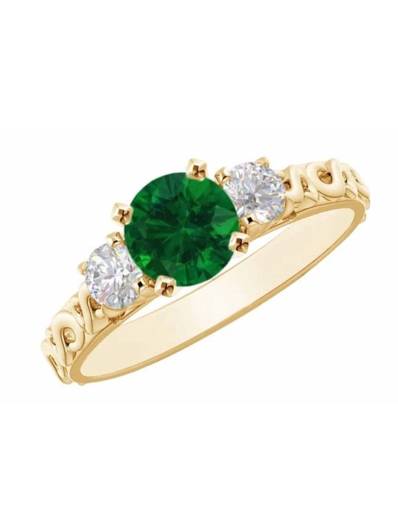 1 Carat Round LAB GROWN Emerald and LAB GROWN Diamond Engagement Ring (0.5ct Center, AAAA Heirloom Quality) RIPS20W9AM 14K Yellow Gold