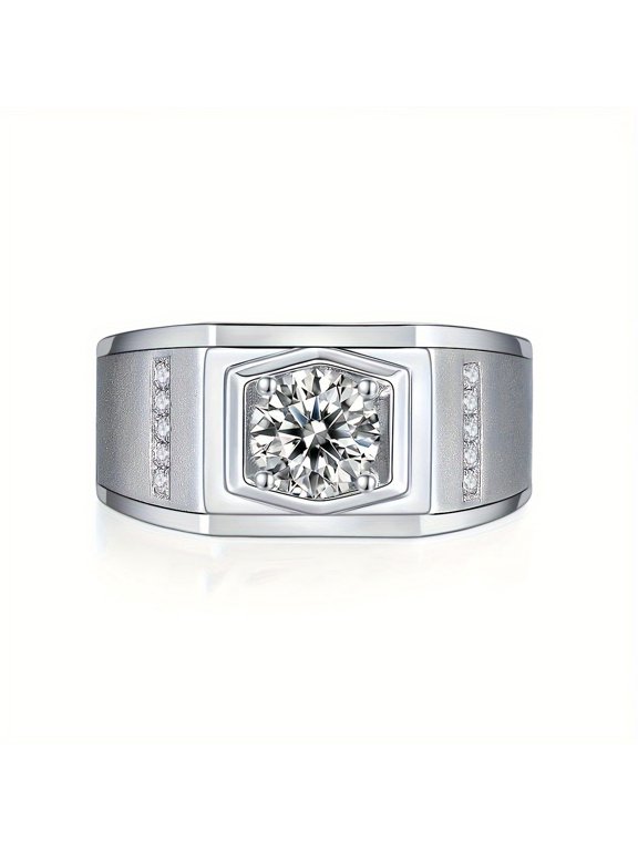 1 Carat Round Shape Moissanite Diamond Ring for Men S925 Silver Plated White Gold Family Friend Gift Birthday Gift Event Wear Father's Day Gift