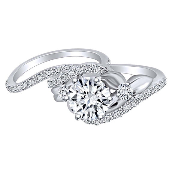 AFFY 1 Carat Round Shape Natural Diamond Floral Wedding Ring set 14K Solid White Gold Ring Size-9.5