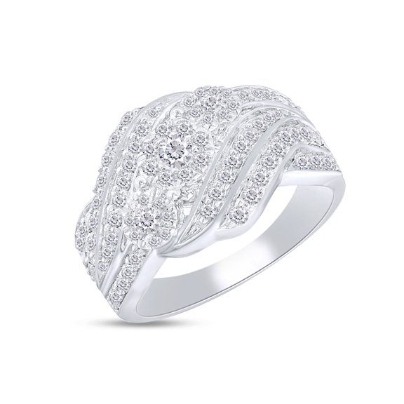 AFFY 1 Carat Round Shape Natural Diamond Three Stone Swirl Bypass Engagement Ring In 14K White Gold Plated 925 Sterling Silver (I2-I3 Clarity), Ring Size-6