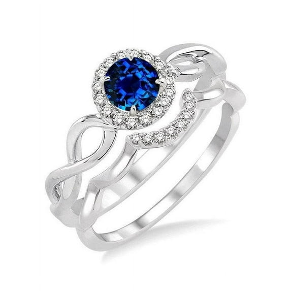 1 Carat Round cut Blue Sapphire and Diamond Wedding Ring Set in 14k White Gold affordable sapphire & diamond engagement ring