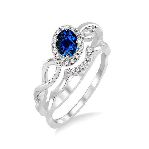 1 Carat Round cut Blue Sapphire and Diamond Wedding Ring Set in 14k White Gold affordable sapphire & diamond engagement ring