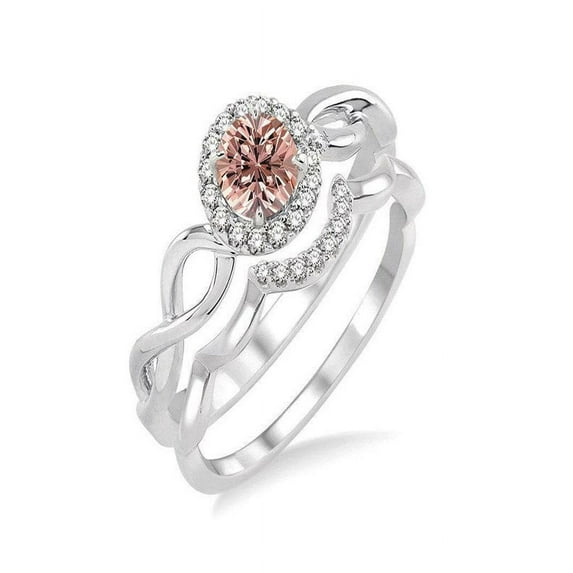 1 Carat Round cut Morganite and Diamond Wedding Ring Set in 14k White Gold affordable morganite and diamond engagement ring