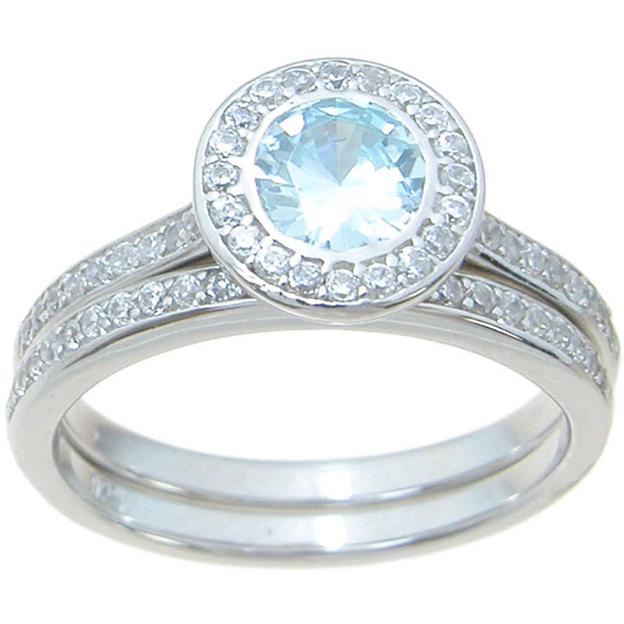 Plutus Brands Sterling Silver High Polish Round Cut Topaz CZ Halo Setting 1 TCW Modern Style Wedding Ring Set