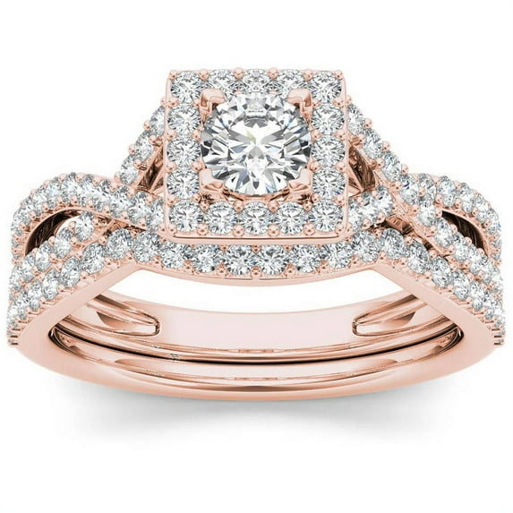 1 Carat T.W. Diamond Criss-Cross Shank Single Halo 14kt Rose Gold Engagement Ring Set
