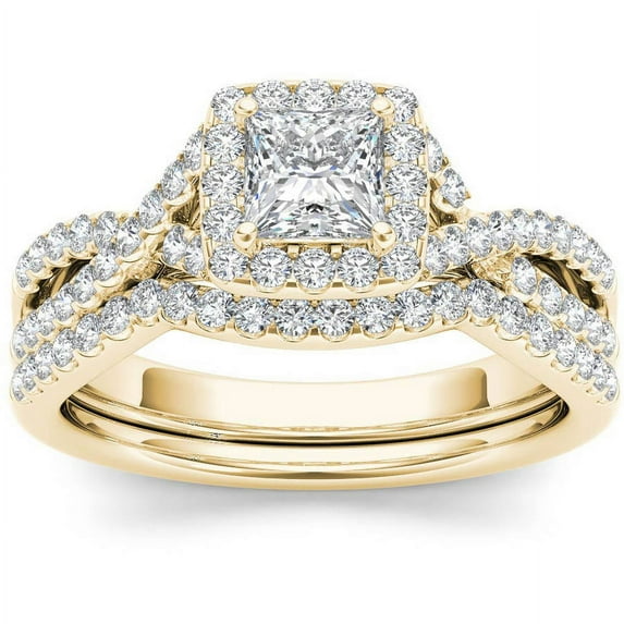 1 Carat T.W. Diamond Criss-Cross Shank Single Halo 14kt Yellow Gold Engagement Ring Set