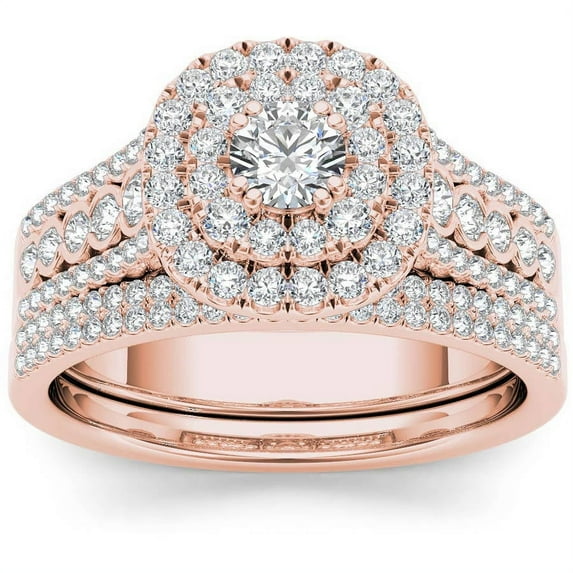 1 Carat T.W. Diamond Double Halo 10kt Rose Gold Engagement Ring Set