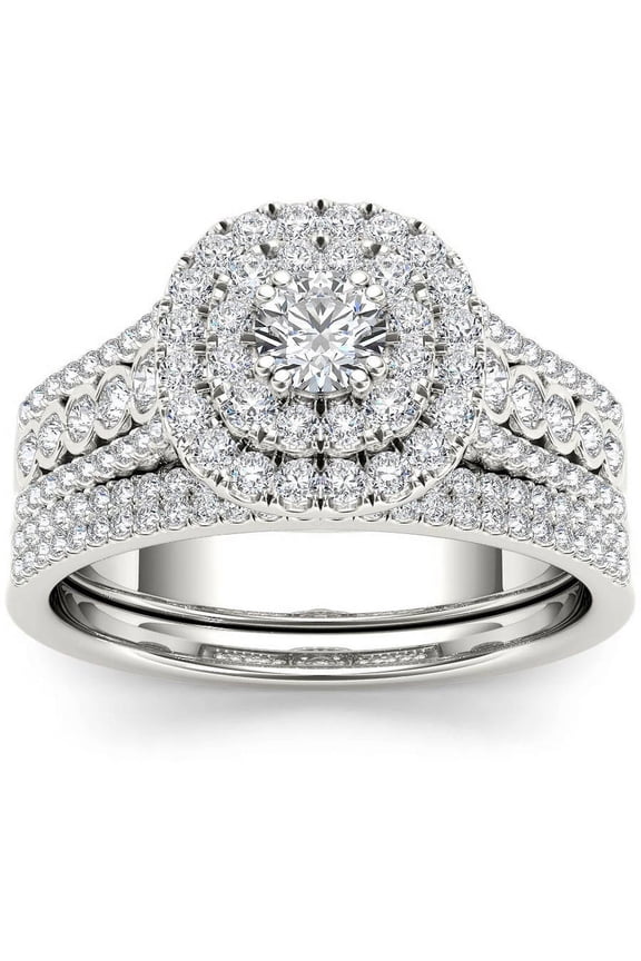 1 Carat T.W. Diamond Double Halo 10kt White Gold Engagement Ring Set