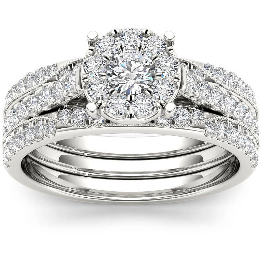 1 Carat T.W. Diamond Single Halo 14kt White Gold Engagement Ring Set ...
