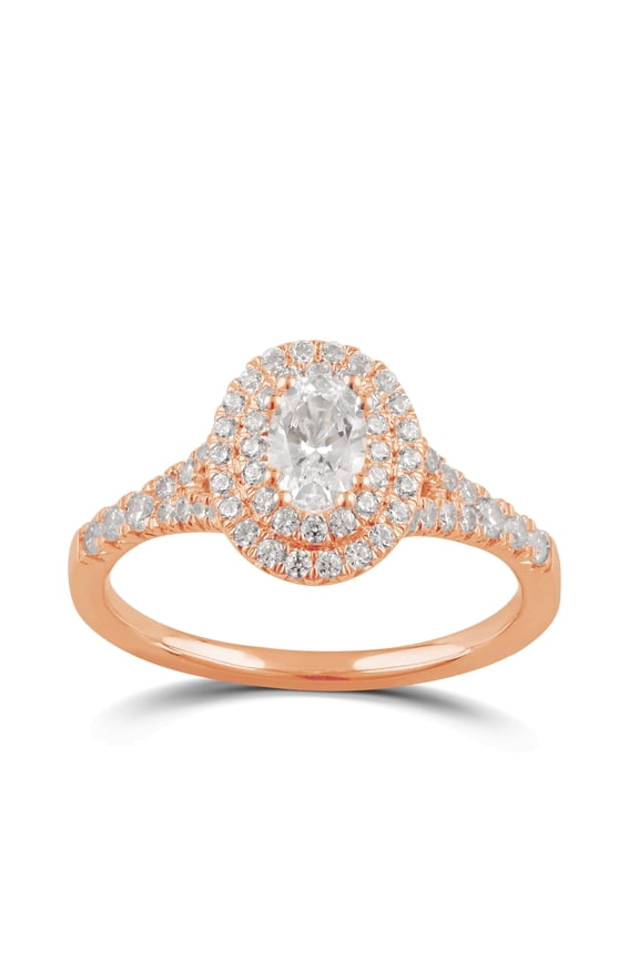 1 Carat T.W. Oval Swarovski Sterling Silver Pink Plated Double Halo Engagement Ring.