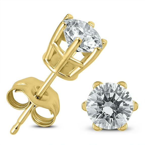 1 Carat TW 6 Prong Round Diamond Solitaire Stud Earrings In 14k Yellow Gold (K-L Color, I2-I3 Clarity)