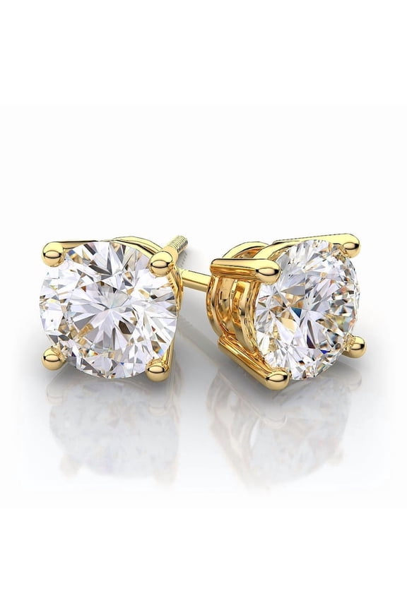 1 Carat Total Weight Diamond Stud Earrings – 14K Yellow Gold Plated Round Brilliant Cut, Classic Push Back Fine Jewelry for Women