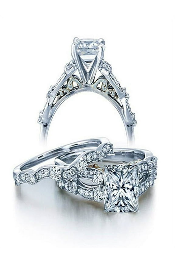 1 Carat Vintage Princess Diamond Wedding Ring Set for Her in White Gold