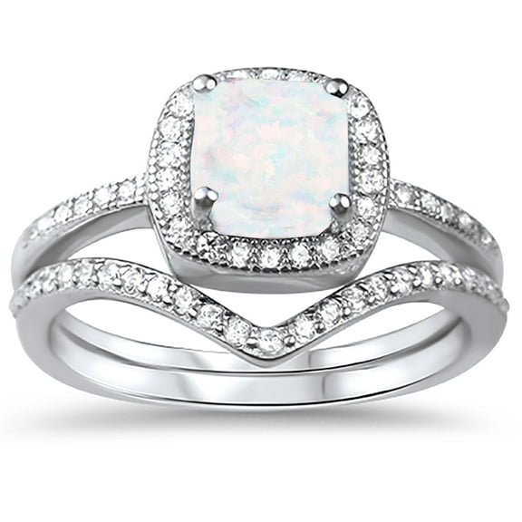 1 Carat White Lab Opal Wedding Ring Set Platinum Plated Sterling Silver for Women Size 10