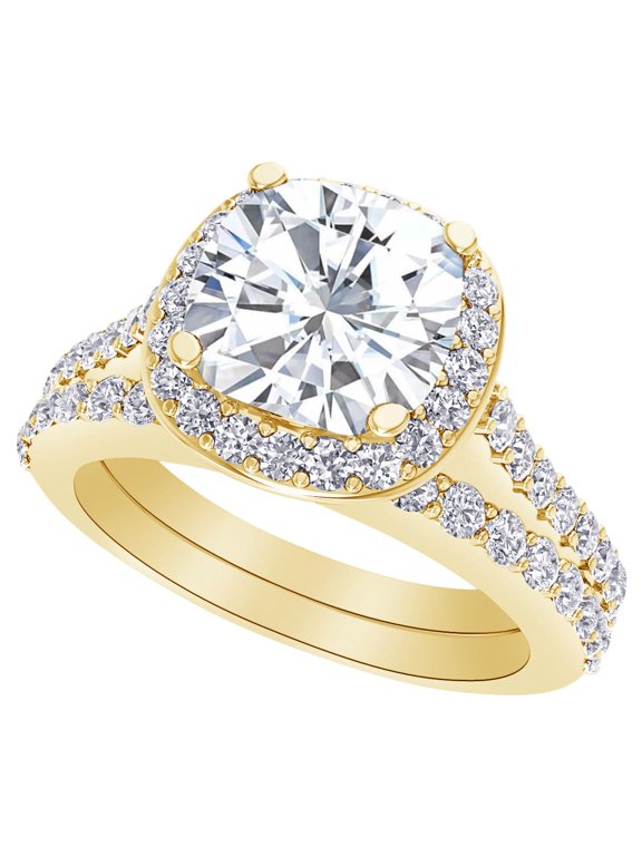 1 Carat (ctw) 14K Yellow Gold Cushion Cut LAB GROWN Diamond Engagement Ring Split Shank Cushion Cut Wedding Bridal Set (Color D-E Clarity VS1-VS2)