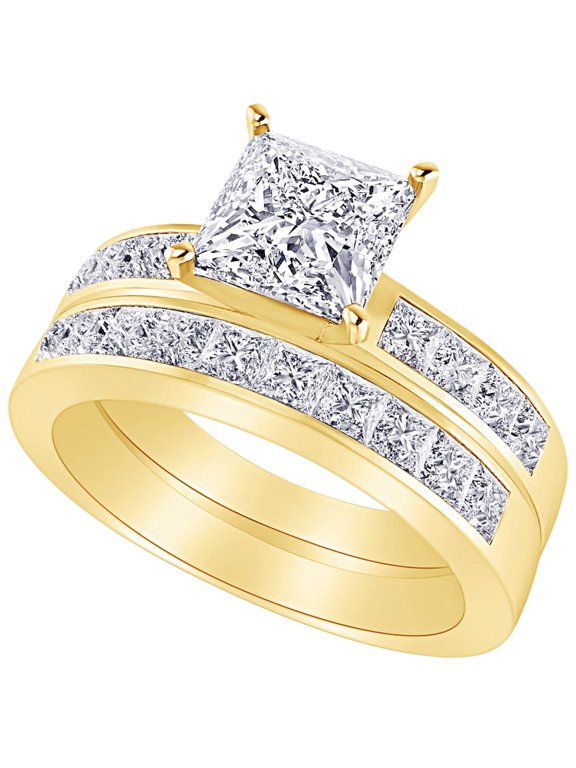 1 Carat (ctw) 14K Yellow Gold Princess Cut LAB GROWN Diamond Engagement Ring Channel Set Princess Cut Diamond Wedding Bridal Set (Color H-I Clarity VS1-VS2)