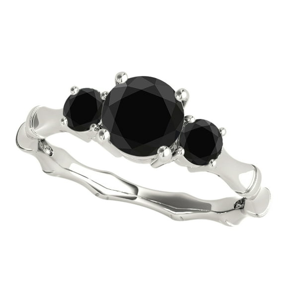 1 Carats Black Three Stone Round Diamond Ring 10K Solid White Gold