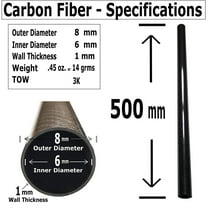 1 Carbon Fiber Tube - 8mm x 6mm x 500mm - 3K Roll Wrapped 100% Carbon Fiber Tube Glossy Surface