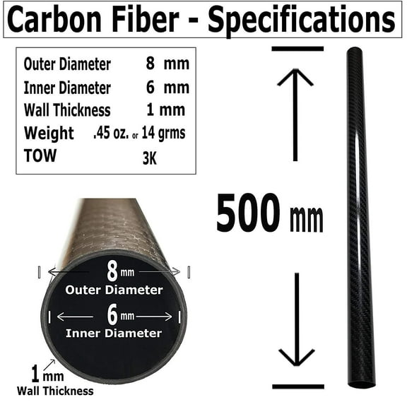 1 Carbon Fiber Tube - 8mm x 6mm x 500mm - 3K Roll Wrapped 100% Carbon Fiber Tube Glossy Surface