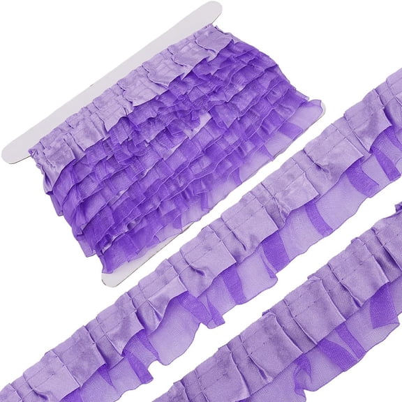 1 Card 11 Yards 2 Layer Satin Organza Lace Edge Trim Pleated Ruffle Chiffon Ribbon Gathered Edging Trimmings Fabric for Cloth Dress Sewing Embroidered Applique Wedding Party Decor Purple