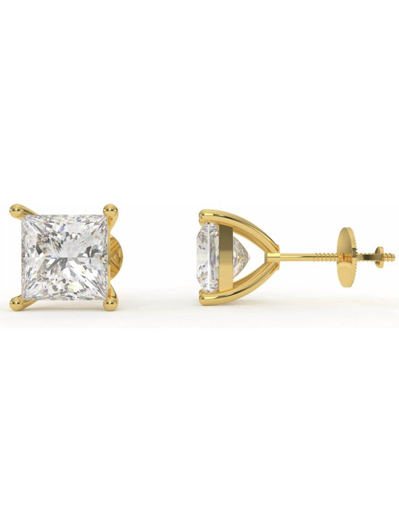 1 Cart Lab Grown Diamond Stud Princess Cut 5MM Earrings 925 Sterling Silver Gold With Screw Backs Elegant Jewelry for Women