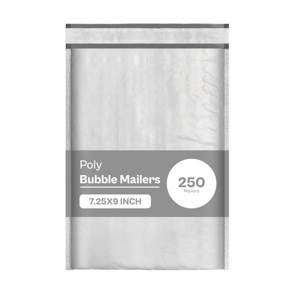 SSBM Bubble Poly Mailers, 7.25x9 Inch, 250 Pack, #CD Padded Shipping Envelope Mailers, White/Grey, Self Seal and Peel Strip