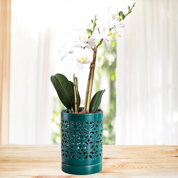 1*Ceramic Flower Pot Promotion Sale! Orchid Pots Breathable Orchid Pots Re Potted Orchid Pots Ceramic Pots with Dish Promote Air Circulation for Plant Growth Green Horticultural Water Basin