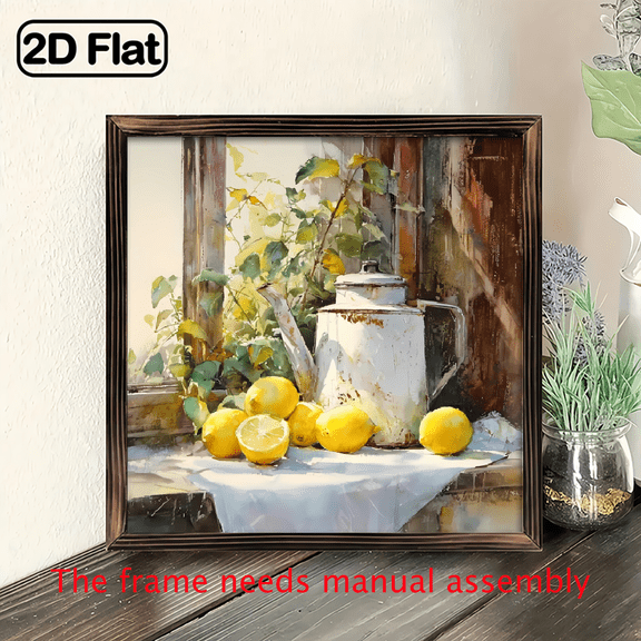 1 Charming Wooden Lemon Art SignFramed Country Still Life Decor with Lemons and Jug, 8x8 Inches, Bohemian Style Polished Wood, Perfect for Home Kitchen, Office, or Garage, Ideal Holiday Gi