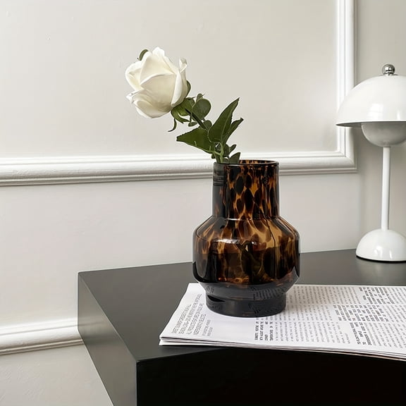1 Classic Leopard Print Glass Vase - Elegant Tortoiseshell Design, Decorative Cylinder for Display in Living Room, Bedroom, Office, and Garden, Battery-Free