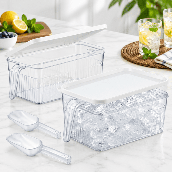 1 Clear Handle Ice Bin Set with Lid and Scoop for Freezer Storage and Serving