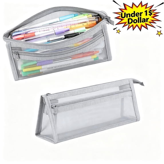 Under 1$ Clear Mesh Pencil Case,Double Layer Large Capacity Polyester Stationery Pouch,Japanese Style Portable Exam Pencil Box,Triangular Stand Up Pen Bag with Zipper for Classroom Office Home,Gray
