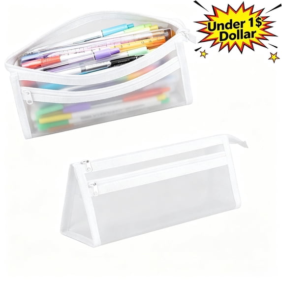Under 1$ Clear Mesh Pencil Case,Double Layer Large Capacity Polyester Stationery Pouch,Japanese Style Portable Exam Pencil Box,Triangular Stand Up Pen Bag with Zipper for Classroom Office Home,White