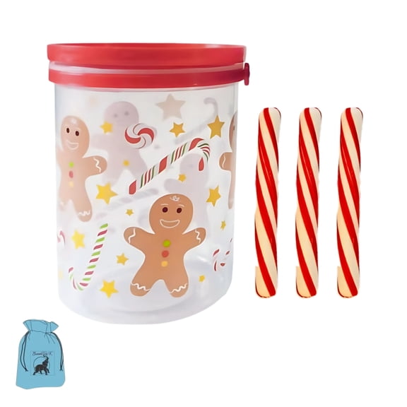(1) Clear Printed Plastic Christmas Bucket with Handle for Cookies Candies Treats Food Storage Holiday Jar Home Kitchen Organizer Gift Set & (3) Bag of Mini Peppermint Sticks (Design may Vary)