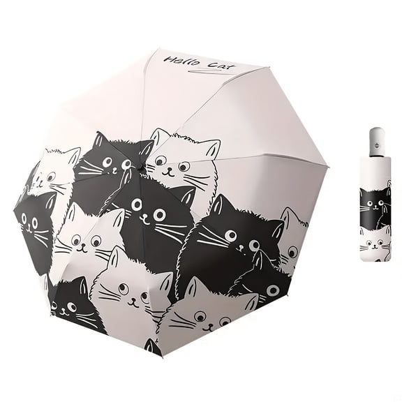 1 Compact Cat Umbrella-Children And Adults Travel Umbrella-Self-folding,Rain Protection And Sun Protection,Black Coating For UV Protection,Portable Girls And Boys Parasol-Ideal For Outdoor Activities