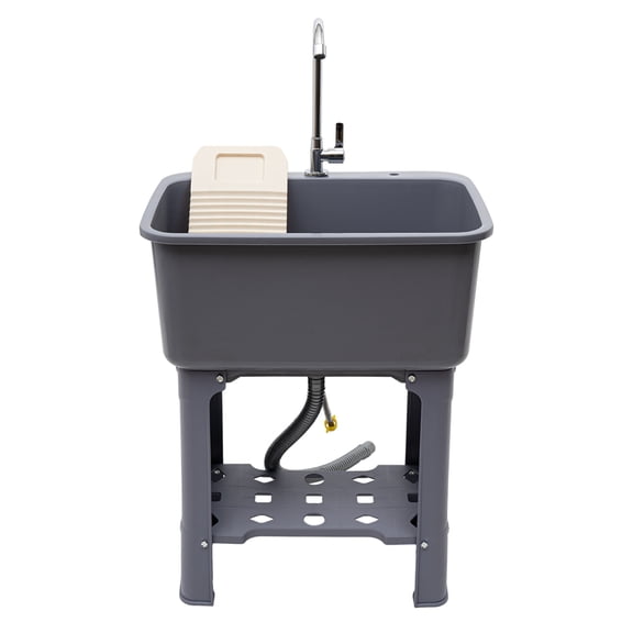 1-Compartment Utility Sink Laundry Tub Freestanding Washing Sink w/ Faucet Washboard & Drain