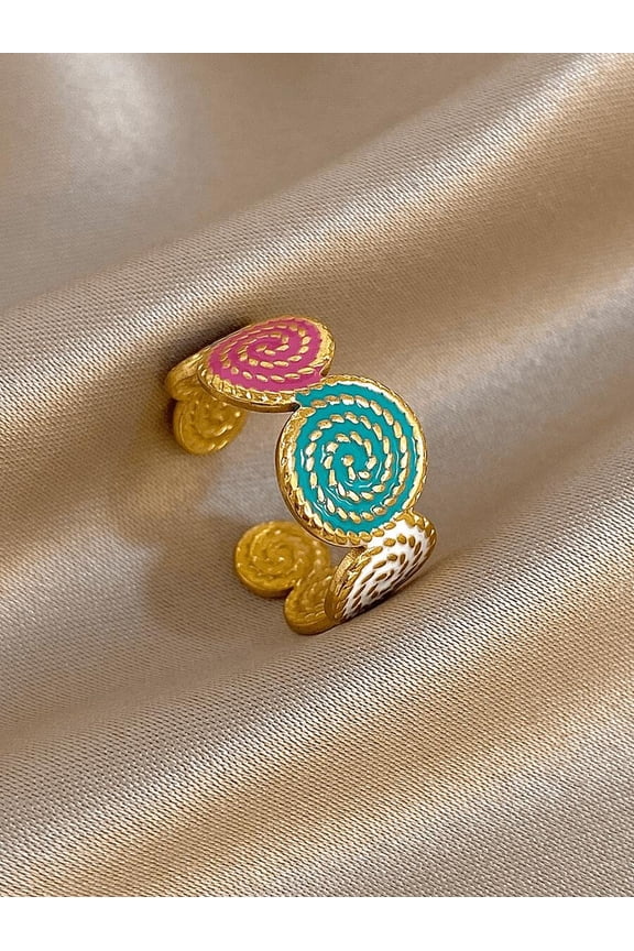 1 Conch Ring - One Size Fits All: Goldtone Adjustable Ring with Pink, Turquoise & White Enamel Spiral Design