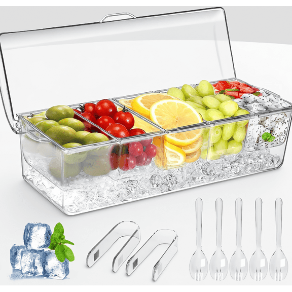 1 Condiment Organizer Tray, 5-Compartment Ice Chilling Server with Lid, 5 Spoons & 2 Tongs, Clear, 19 Inch
