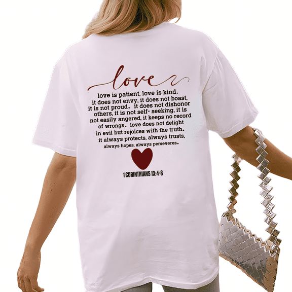 1 Corinthians 13:4-8 Bible Verse Graphic Tees for Women & Men Love Christian Tshirts Short Sleeve Shirts Inspirational Apparel Casual Tops for Daily Outfits White,S