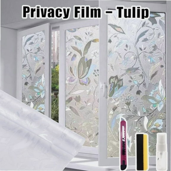 1 Count Window Privacy Film, Decorative Stained Glass Window Film, Sun Blocking Glass Clings, Renter-Friendly Static Cling Frosted Sticker Covering for Home Door, Rainbow Tulip