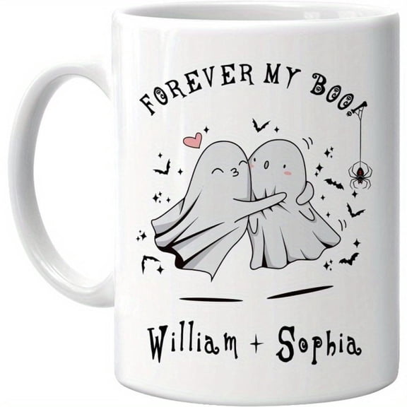 1 Couple Mug Customizable 2 Names 11oz White Ceramic Coffee Cup with Forever My Boo Design Halloween Him or Her Gothic Decor Horror Celebrations Hand