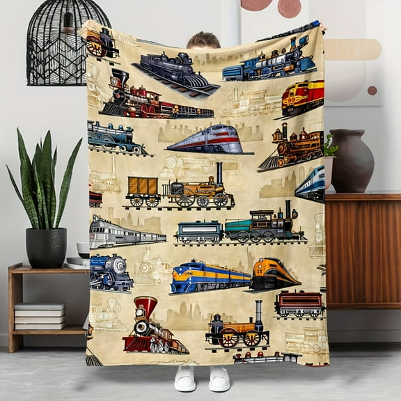 1 Cozy Vintage Train-Themed Flannel Blanket, Soft & Warm 100% Polyester, Machine Washable, Perfect Gift for Friends & Family, Ideal for Naps, Camping, Travel, and Home Decor, Travel Blanket