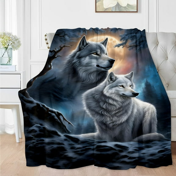 1 Cozy Wolf Duo Under Moonlight Print Fleece Blanket - Soft, Warm Polyester Throw, 70.0cm x 100.0cm - Ideal for Sofa, Bed, RV, Office, Camping & Travel - Perfect All-Season Gift, Wolf Decor