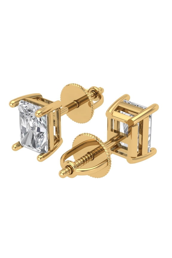 1 Ct Emerald Cut Studs Clear Crystal 14K Yellow Solid Gold Everyday Dainty Earrings Screw Back
