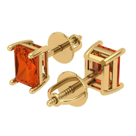 1 Ct Emerald Cut Studs Red Crystal 18K Yellow Solid Gold Everyday Dainty Earrings Screw Back