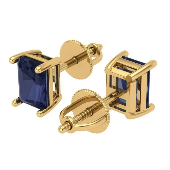 1 Ct Emerald Cut Studs Blue Sapphire 18K Yellow Solid Solid Gold Everyday Dainty Earrings Screw Back