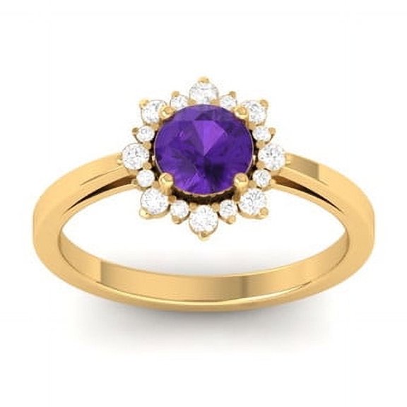 1 Ct Engagement Halo Round Cut Purple Amethyst and Moissanite Ring, 14K Yellow Gold Plated for Women