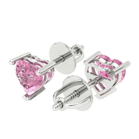 1 Ct Heart Cut Studs Pink Crystal 14K White Solid Gold Everyday Dainty Earrings Screw Back