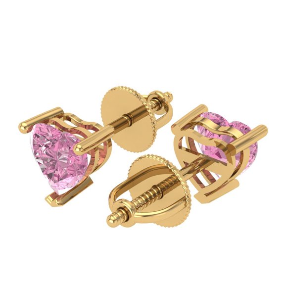 1 Ct Heart Cut Studs Pink Crystal 14K Yellow Solid Gold Everyday Dainty Earrings Screw Back