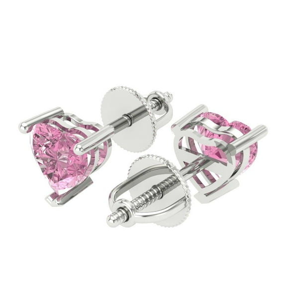 1 Ct Heart Cut Studs Pink Crystal 18K White Solid Gold Everyday Dainty Earrings Screw Back
