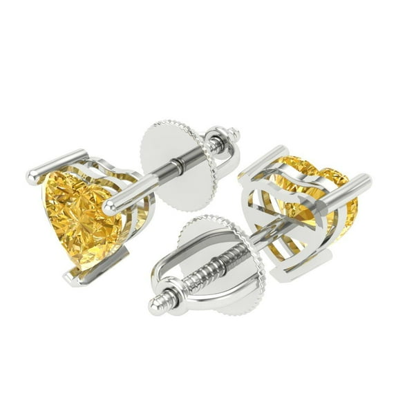 1 Ct Heart Cut Studs Yellow Crystal 18K White Solid Gold Everyday Dainty Earrings Screw Back